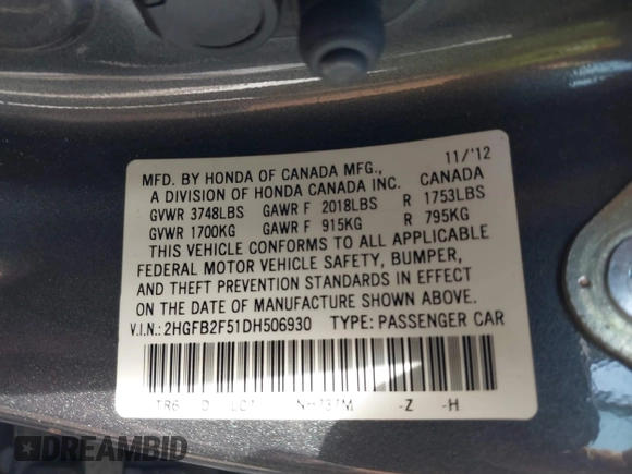 2013 Honda Civic LX with VIN 2HGFB2F51DH506930, listed as a IAAI auction lot 40902863 with 110,339 mi miles and . Bid and sale history available at DreamBid. Image 9.