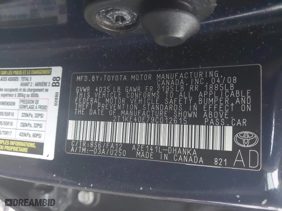 2009 Toyota Matrix S with VIN 2T1KE40E79C012615, listed as a IAAI auction lot 42093081 with 999,999 mi miles. Bid and sale history available at carsss.com. Image 9.