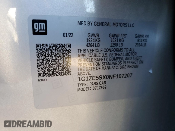 2022 Chevrolet Malibu Premier with VIN 1G1ZE5SX0NF107207, listed as a Copart auction lot 88639195 with 32,057 mi miles and Salvage Title. Bid and sale history available at DreamBid. Image 13.