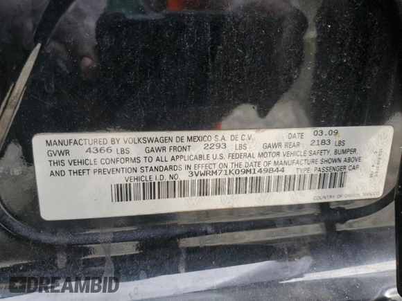 2009 Volkswagen Jetta SE with VIN 3VWRM71K09M149844, listed as a Copart auction lot 59668315 with Not provided miles and Salvage title. Bid and sale history available at DreamBid. Image 12.