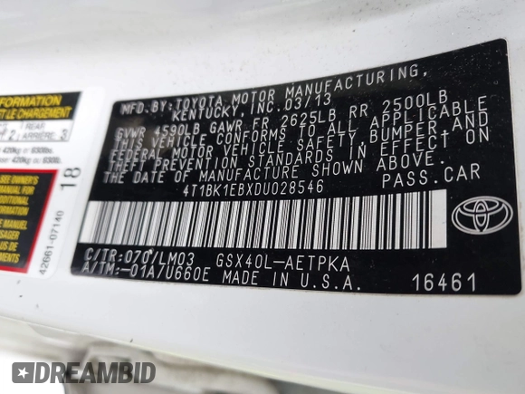 2013 Toyota Avalon XLE z VIN 4T1BK1EBXDU028546, wystawiony jako IAAI lot #42352506 z przebiegiem 144 139 mil mil oraz . Historia ofert i sprzedaży dostępna na DreamBid. Obrazek 9.