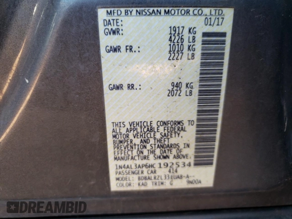 2017 Nissan Altima SL z VIN 1N4AL3AP6HC192534, wystawiony jako Copart lot #56949544 z przebiegiem 333 333 mil mil oraz Czysty tytuł • Clean title. Historia ofert i sprzedaży dostępna na DreamBid. Obrazek 12.