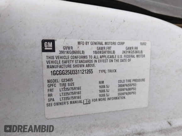 2003 Chevrolet Express Cargo with VIN 1GCGG25U331121265, listed as a IAAI auction lot 41945215 with 145,536 mi miles and . Bid and sale history available at DreamBid. Image 9.