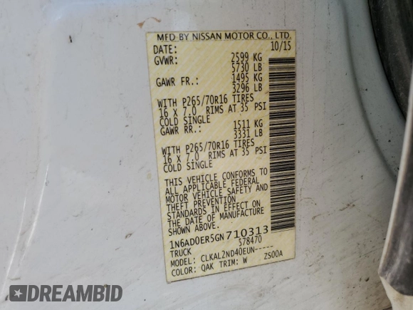 2016 Nissan Frontier SV с VIN 1N6AD0ER5GN710313, выставлен на аукционе Copart как лот 51961085 с пробегом 161 760 миль миль и Списание • Salvage title. История ставок и продаж доступна на DreamBid. Изображение 14.