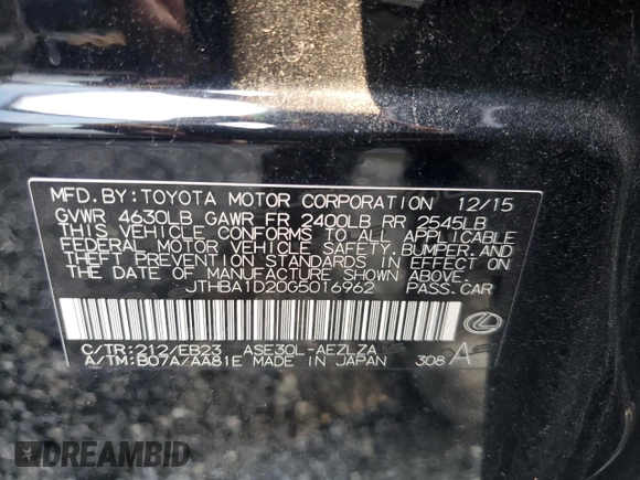 2016 Lexus IS 200t with VIN JTHBA1D20G5016962, listed as a Copart auction lot 59114485 with 182,209 mi miles and Salvage title. Bid and sale history available at DreamBid. Image 12.
