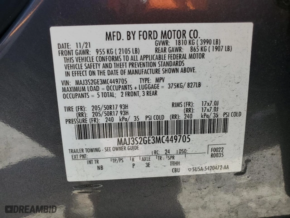 2021 Ford EcoSport SE with VIN MAJ3S2GE3MC449705, listed as a Copart auction lot 49890435 with 53,463 mi miles and Salvage Title. Bid and sale history available at carsss.com. Image 16.