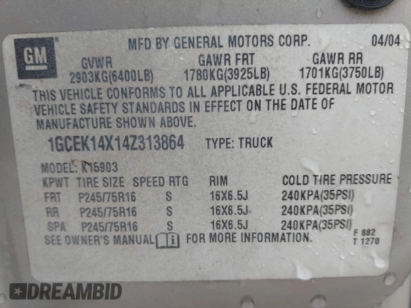 2004 Chevrolet Silverado 1500 Work Truck with VIN 1GCEK14X14Z313864, listed as a IAAI auction lot 42181821 with 209,650 mi miles and . Bid and sale history available at DreamBid. Image 9.