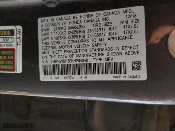 2019 Honda CR-V LX with VIN 2HKRW6H30KH204049, listed as a Copart auction lot 45429835 with 131,248 mi miles and Salvage Title. Bid and sale history available at carsss.com. Image 13.
