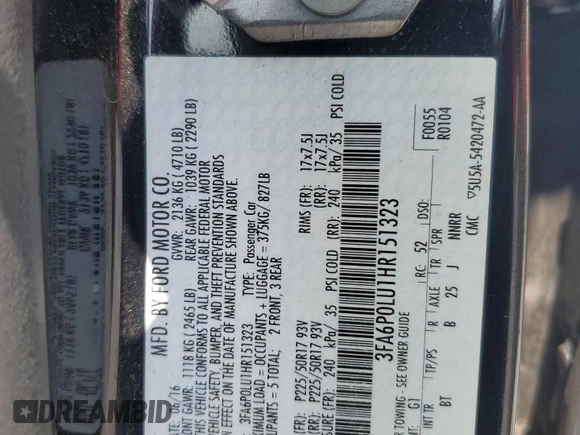 2017 Ford Fusion Hybrid SE with VIN 3FA6P0LU1HR151323, listed as a Copart auction lot 60154795 with Not provided miles and Salvage title. Bid and sale history available at DreamBid. Image 12.