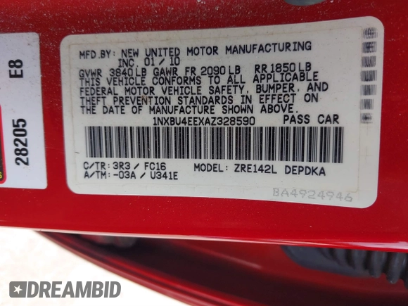 2010 Toyota Corolla with VIN 1NXBU4EEXAZ328590, listed as a IAAI auction lot 41667609 with 60,669 mi miles and . Bid and sale history available at DreamBid. Image 9.