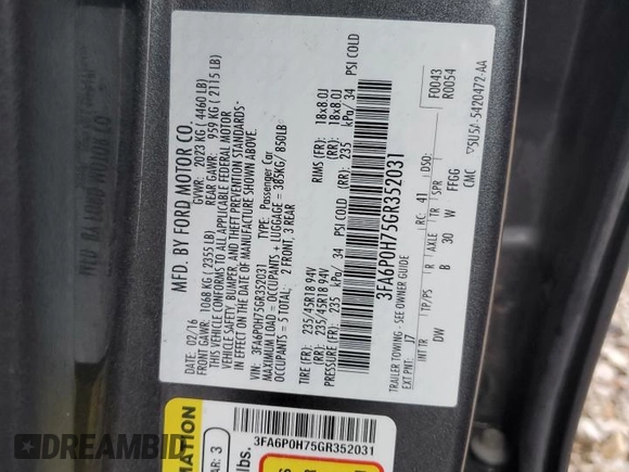 2016 Ford Fusion SE with VIN 3FA6P0H75GR352031, listed as a Copart auction lot 45627805 with 169,629 mi miles and Non Repairable. Bid and sale history available at carsss.com. Image 13.