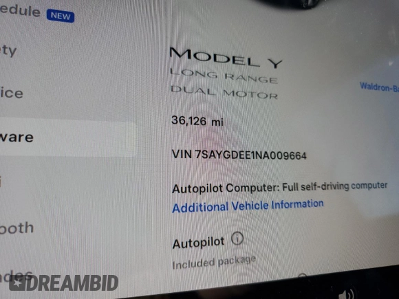2022 Tesla Model Y Long Range z VIN 7SAYGDEE1NA009664, wystawiony jako Copart lot #41533925 z przebiegiem 36 126 mil mil oraz Szkody całkowita. Historia ofert i sprzedaży dostępna na DreamBid. Obrazek 9.
