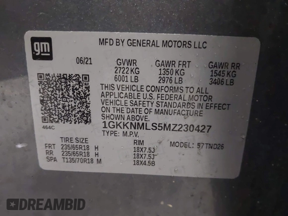 2021 GMC Acadia SLT z VIN 1GKKNMLS5MZ230427, wystawiony jako IAAI lot #41345085 z przebiegiem 59 084 mil mil oraz . Historia ofert i sprzedaży dostępna na DreamBid. Obrazek 9.