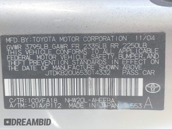 2005 Toyota Prius with VIN JTDKB20U653014332, listed as a IAAI auction lot 42010139 with 128,147 mi miles. Bid and sale history available at carsss.com. Image 9.