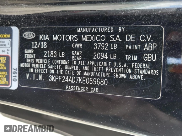 2019 Kia Forte LXS with VIN 3KPF24AD7KE069680, listed as a Copart auction lot 61931725 with 97,610 mi miles and Salvage title. Bid and sale history available at DreamBid. Image 12.
