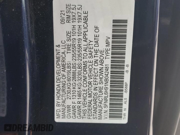 2022 Honda Odyssey Elite с VIN 5FNRL6H91NB042481, выставлен на аукционе Copart как лот 85664034 с пробегом 26 870 миль миль и На запчасти • Non repairable. История ставок и продаж доступна на DreamBid. Изображение 15.