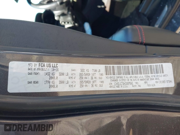 2017 Dodge Durango R/T with VIN 1C4SDJCT6HC697502, listed as a IAAI auction lot 41816322 with 115,099 mi miles and . Bid and sale history available at DreamBid. Image 9.