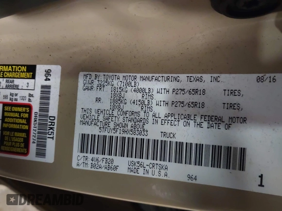 2017 Toyota Tundra SR z VIN 5TFUY5F19HX583033, wystawiony jako IAAI lot #41484920 z przebiegiem 112 206 mil mil oraz . Historia ofert i sprzedaży dostępna na DreamBid. Obrazek 9.