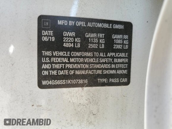 2019 Buick Regal GS with VIN W04GS6SS1K1073816, listed as a Copart auction lot 42601135 with 37,866 mi miles and Salvage title. Bid and sale history available at DreamBid. Image 13.