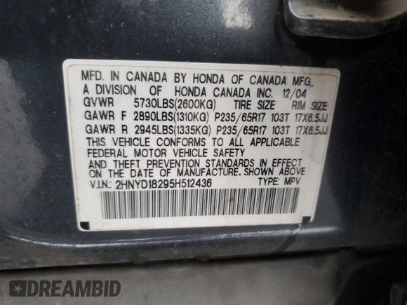 2005 Acura MDX with VIN 2HNYD18295H512436, listed as a Copart auction lot 46493595 with 0 mi miles and Salvage Title. Bid and sale history available at carsss.com. Image 13.
