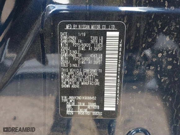 2019 Nissan Armada SL with VIN JN8AY2ND1K9088452, listed as a IAAI auction lot 40732598 with 80,256 mi miles. Bid and sale history available at carsss.com. Image 9.