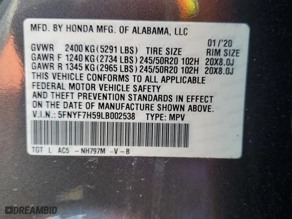 2020 Honda Passport EX-L with VIN 5FNYF7H59LB002538, listed as a Copart auction lot 58108524 with 0 mi miles and Non Repairable. Bid and sale history available at carsss.com. Image 13.