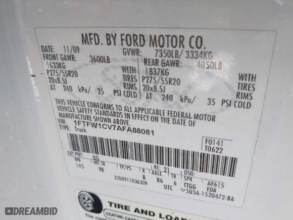 2010 Ford F-150 XL with VIN 1FTFW1CV7AFA88081, listed as a IAAI auction lot 41670931 with 117,032 mi miles. Bid and sale history available at carsss.com. Image 9.