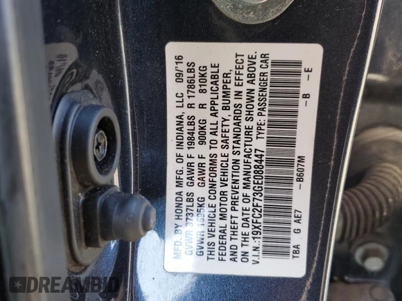 2016 Honda Civic Sedan EX with VIN 19XFC2F73GE088447, listed as a Copart auction lot 46857515 with 103,622 mi miles and Salvage Title. Bid and sale history available at carsss.com. Image 15.