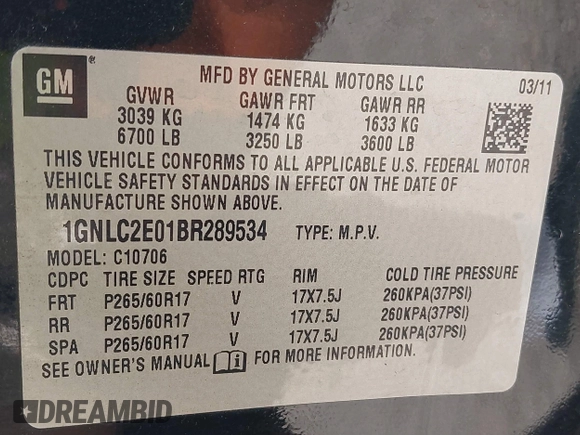 2011 Chevrolet Tahoe Commercial with VIN 1GNLC2E01BR289534, listed as a IAAI auction lot 41670183 with 119,422 mi miles and . Bid and sale history available at DreamBid. Image 9.