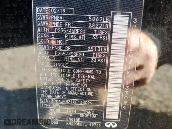 2019 Infiniti QX50 Essential with VIN 3PCAJ5M31KF133096, listed as a Copart auction lot 50340905 with 77,112 mi miles and Salvage Title. Bid and sale history available at DreamBid. Image 16.