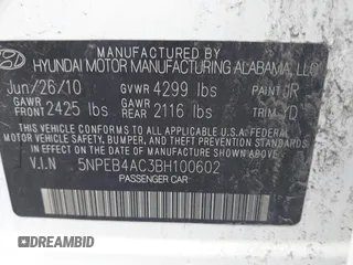 2011 Hyundai Sonata GLS with VIN 5NPEB4AC3BH100602, listed as a IAAI auction lot 42134998 with 205,102 mi miles. Bid and sale history available at carsss.com. Image 9.