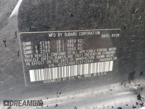 2020 Subaru Impreza with VIN 4S3GTAB67L3712893, listed as a Copart auction lot 51097195 with 43,859 mi miles and Salvage title. Bid and sale history available at DreamBid. Image 14.