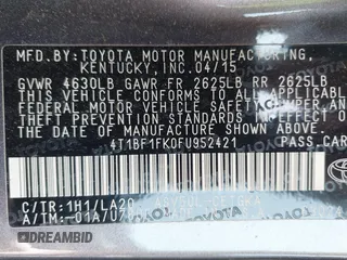 2015 Toyota Camry XLE with VIN 4T1BF1FK0FU952421, listed as a IAAI auction lot 41714622 with 125,553 mi miles and . Bid and sale history available at DreamBid. Image 9.