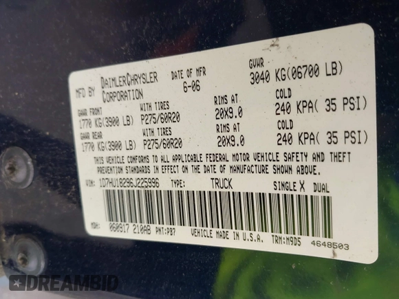 2006 Dodge 1500 SLT with VIN 1D7HU18296J225996, listed as a IAAI auction lot 42183140 with 146,474 mi miles and . Bid and sale history available at carsss.com. Image 9.