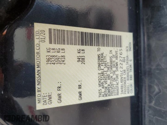 2020 Nissan Altima SV with VIN 1N4BL4DV5LC222765, listed as a Copart auction lot 58192925 with 46,161 mi miles and Salvage title. Bid and sale history available at DreamBid. Image 12.
