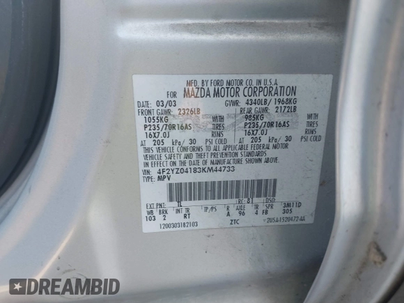 2003 Mazda Tribute LX with VIN 4F2YZ04183KM44733, listed as a IAAI auction lot 41472662 with 246,522 mi miles and . Bid and sale history available at DreamBid. Image 9.
