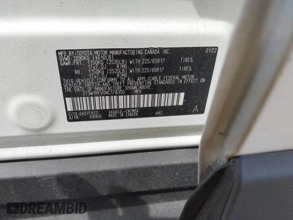 2022 Toyota RAV4 XLE with VIN 2T3W1RFV0NC178350, listed as a IAAI auction lot 42074636 with 57,338 mi miles and . Bid and sale history available at DreamBid. Image 9.