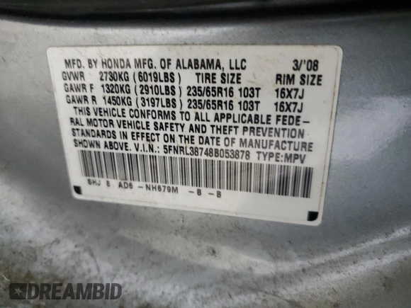 2008 Honda Odyssey EX-L with VIN 5FNRL38748B053878, listed as a Copart auction lot 49357005 with 222,876 mi miles and Salvage Title. Bid and sale history available at DreamBid. Image 14.