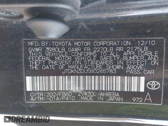 2011 Toyota Prius I with VIN JTDKN3DU5B0265783, listed as a IAAI auction lot 42262314 with 227,066 mi miles and . Bid and sale history available at DreamBid. Image 9.