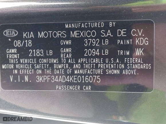 2019 Kia Forte S with VIN 3KPF34AD4KE016075, listed as a IAAI auction lot 41887992 with 91,164 mi miles. Bid and sale history available at carsss.com. Image 9.