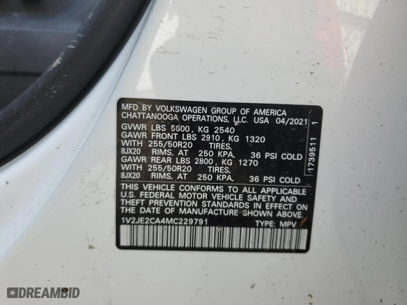 2021 Volkswagen Atlas Cross Sport 3.6L V6 SE w/Technology with VIN 1V2JE2CA4MC229791, listed as a Copart auction lot 48929455 with 76,407 mi miles and Salvage Title. Bid and sale history available at carsss.com. Image 13.