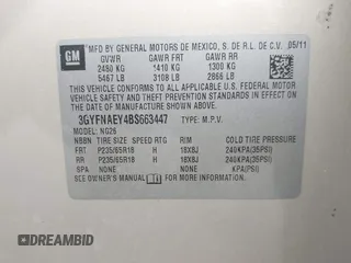 2011 Cadillac SRX Luxury Collection with VIN 3GYFNAEY4BS663447, listed as a IAAI auction lot 42134933 with 153,411 mi miles and . Bid and sale history available at DreamBid. Image 9.