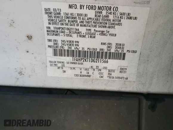 2013 Ford Taurus SHO z VIN 1FAHP2KT1DG211566, wystawiony jako Copart lot #82433574 z przebiegiem 157 649 mil mil oraz Szkoda całkowita • Salvage title. Historia ofert i sprzedaży dostępna na DreamBid. Obrazek 13.