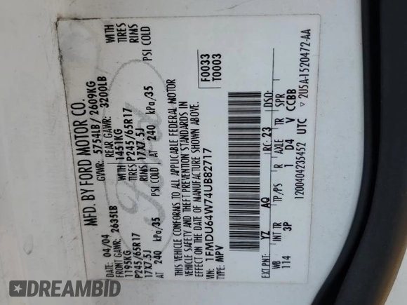 2004 Ford Explorer Eddie Bauer with VIN 1FMDU64W74UB82717, listed as a Copart auction lot 82611394 with 277,557 mi miles and Salvage title. Bid and sale history available at DreamBid. Image 13.