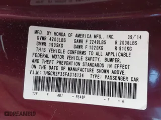 2015 Honda Accord Sedan LX with VIN 1HGCR2F35FA016134, listed as a IAAI auction lot 41745134 with 198,969 mi miles. Bid and sale history available at carsss.com. Image 9.