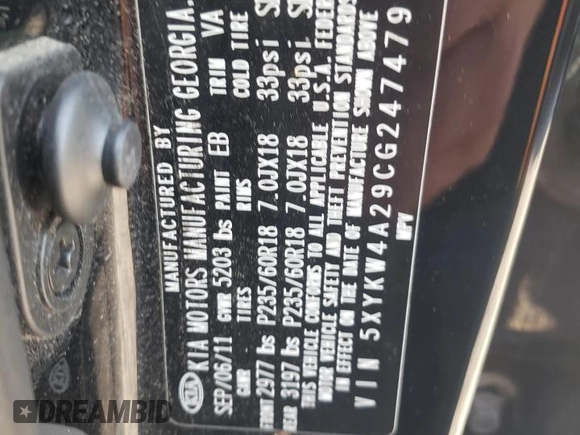 2012 Kia Sorento SX with VIN 5XYKW4A29CG247479, listed as a Copart auction lot 52226635 with 203,183 mi miles and Salvage Title. Bid and sale history available at carsss.com. Image 14.