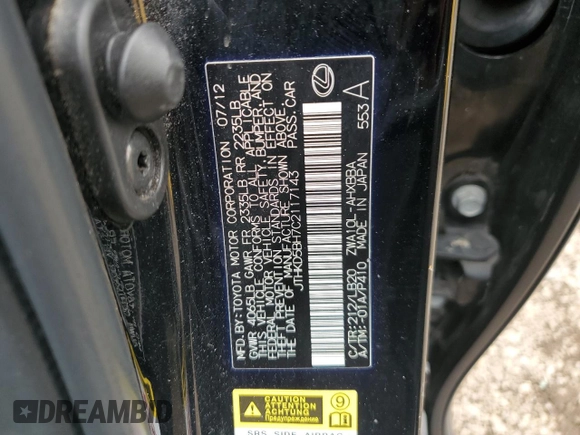 2012 Lexus CT 200h with VIN JTHKD5BH7C2117143, listed as a Copart auction lot 59111325 with 93,247 mi miles and Salvage title. Bid and sale history available at DreamBid. Image 12.
