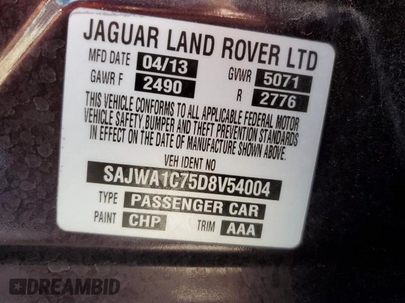2013 Jaguar XJ z VIN SAJWA1C75D8V54004, wystawiony jako Copart lot #76922464 z przebiegiem 107 175 mil mil oraz Szkoda całkowita • Salvage title. Historia ofert i sprzedaży dostępna na DreamBid. Obrazek 12.