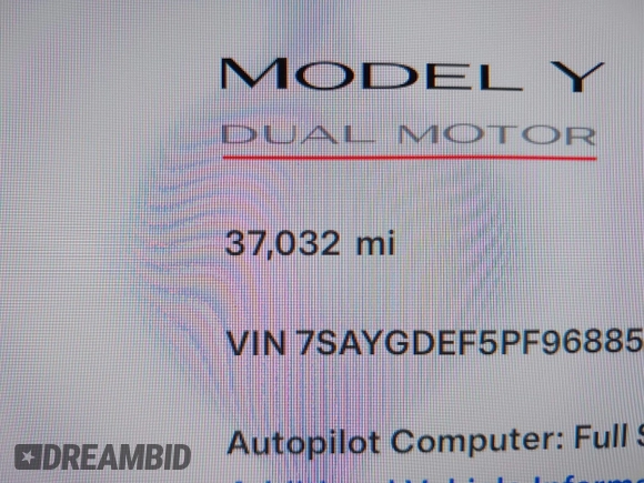 2023 Tesla Model Y Performance with VIN 7SAYGDEF5PF968855, listed as a IAAI auction lot 41499334 with 37,032 mi miles and . Bid and sale history available at DreamBid. Image 15.