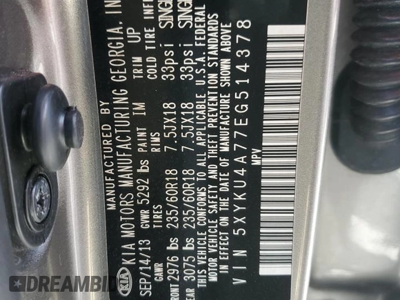 2014 Kia Sorento EX with VIN 5XYKU4A77EG514378, listed as a Copart auction lot 45458835 with 93,977 mi miles and Salvage Title. Bid and sale history available at carsss.com. Image 13.